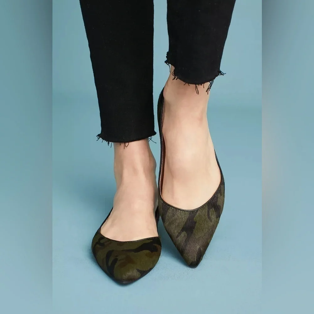 Anthropologie All Black Jungle Ballet Flats Camo Pointy-tow Calfhair slip-ons 8
